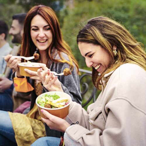 Gathering of best friends eating salads in plastic-free bowls, talking, joking and having fun together sitting outdoors in the park