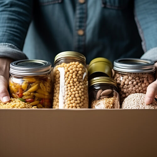 Box food donate charity help grocery delivery volunteer supply can package community care. Carton box cardboard poor social goods food donation white relief bank foodstuff. AI Generative illustration.